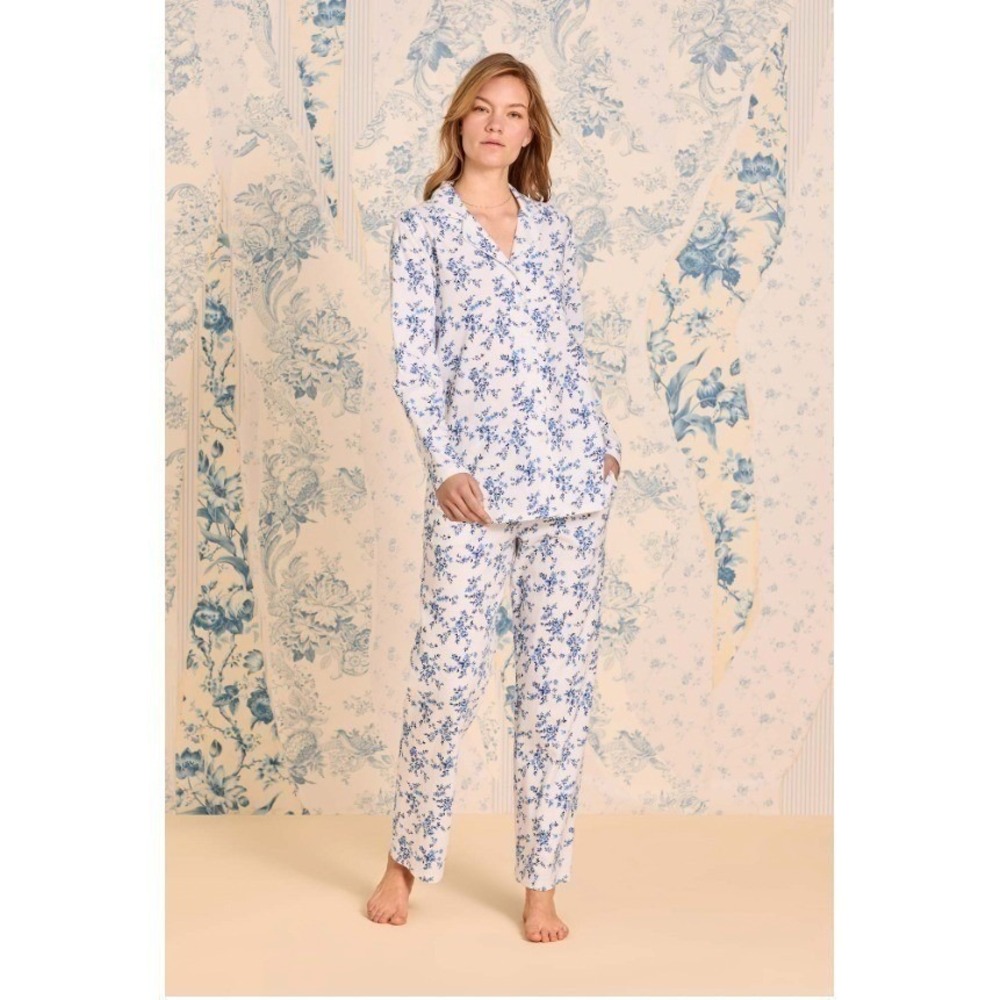 Eileen West Cotton Flannel Pajama Set Blue White Floral 2 Piece M